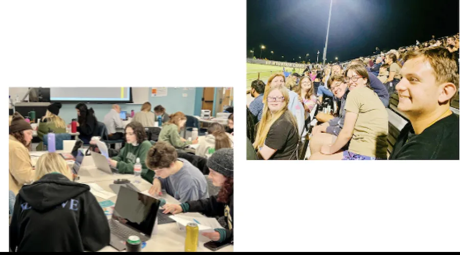 OIS Students in class and sitting in bleachers at Homecoming